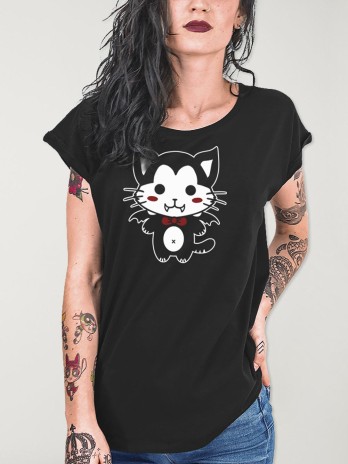 Women T-shirt Black Vampire Cat