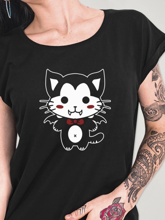 T-shirt Damen Schwarz Vampire Cat